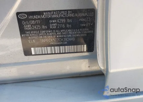 2012 Hyundai Sonata Se z USA, uszkodzony, nr VIN 5NPEC4AC2CH392449